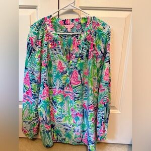 Lilly Pulitzer Pink and Green Tropical Print Blouse.  EUC.